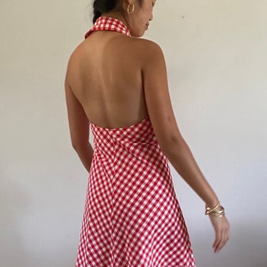 70s halter maxi dress / vintage red gingham cotton backless collared halter babydoll maxi sun dress / Small 