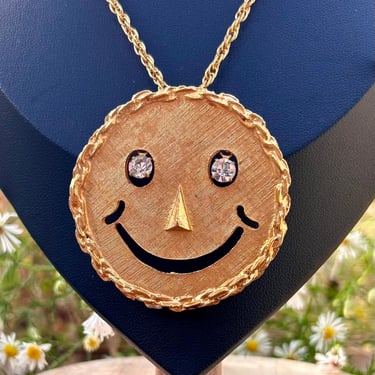 Smiley Face Pendant Necklace Rhinestone Eyes Vintage Retro Fashion Jewelry 