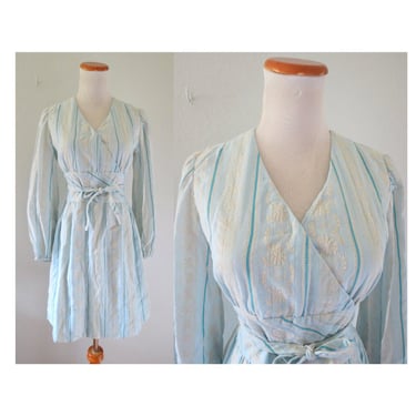 Vintage 70s Mini Dress Pastel Blue & Cream Long Sleeve Boho Hippie Size Small 