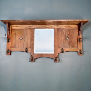 Art Deco Wall Coat Rack with Mirror / Amsterdam School Oak Hallway Shelf 