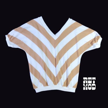 SOFT Vintage 80s Beige & White Chevron Stripe Top 