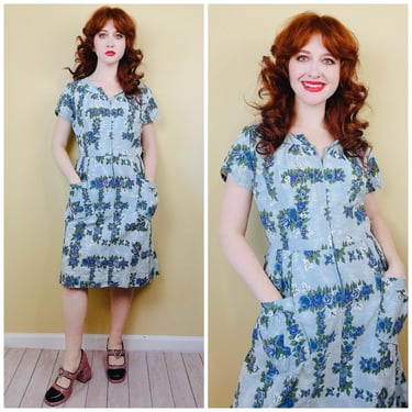 1940s Vintage Blue Carol Brent Floral Day Dress / 40s Zipper Front Cotton Shirt Dress / Size Large 