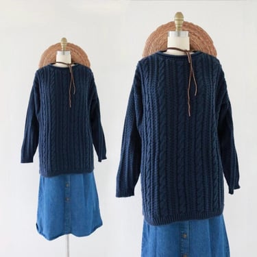 cable knit pullover sweater - s - vintage 90s y2k blue cotton womens size small long sleeve fisherman minimal casual 