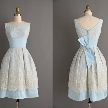vintage 1950s Dress | Mint Blue Floral Flocked Cocktail Party Dress | XS 