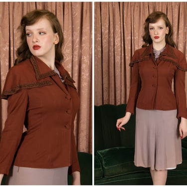 1940s Jacket - Fabulous Vintage 40s Beaded Rayon Gab Suit Jacket with Detachable Cape 