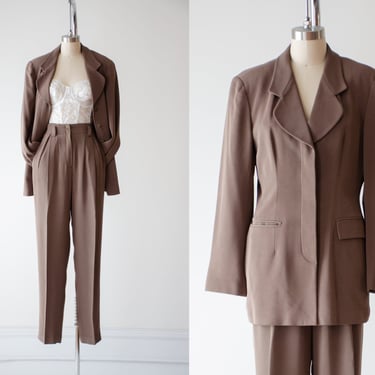 light brown suit | 80s 90s vintage Ann Tjian tan dark academia high waisted pants and coat 2 piece suit set 