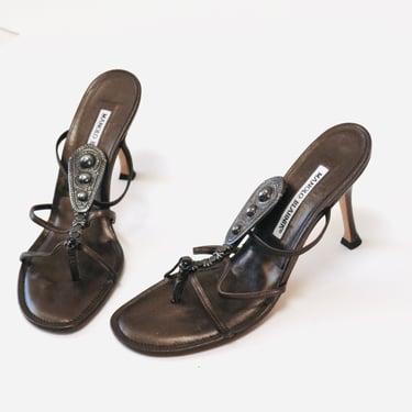 Vintage 00s Manolo Blahnik High Heels Brown Silver Gladiator High Heel Sandals Size 38 1/2 8 8 1/2 leather high heel Thongs Brown Manolos 8 