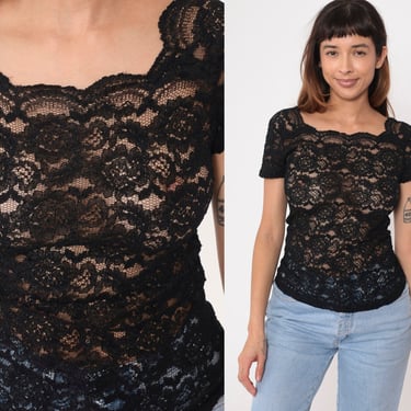 Sheer Black Lace Top 90s Victoria's Secret Blouse Scalloped Short Sleeve Bohemian 1990s Floral See through Romantic Party Medium 
