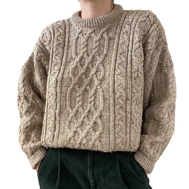Vintage Womens Beige Brown Donegal Flecked Wool Irish Fisherman Sweater Sz L 