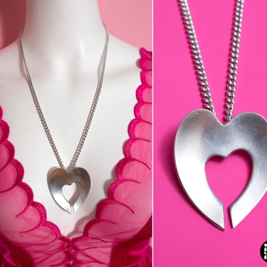 Vintage 70s 80s Pewter Silver Heart Pendant Necklace 