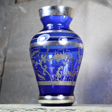 Vintage Cobalt Blue Small Vase with Silver Overlay | Cobalt Vase with Venetian Scene in Silver | 8 Ounce Vase | Bixley Shop 