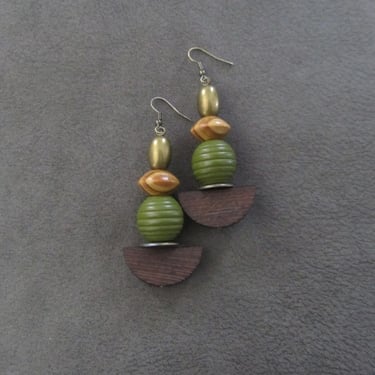 Bold khaki green wooden earrings 