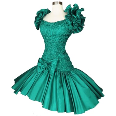 Vintage 80s Green Ruffle Sleeves Hi Lo Full Skirt Cocktail Party Prom Dress M Medium L Large Bow Womens 1980s Eighties Costume Formal Dance 