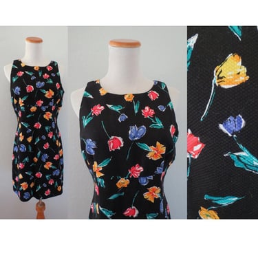 Vintage 90s Floral Mini Dress Black Flower Print Sleeveless Cotton Shift - Size Small Medium 