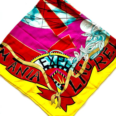 Vintage 90s Hand Painted Bright Silk Scarf Large 1990s Versace Style Silk Scarf 