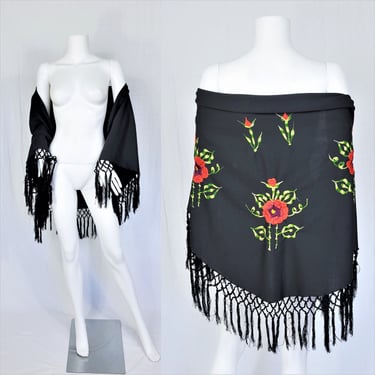 1970's Black Poly Frint Shawl Embroidered Red Roses 