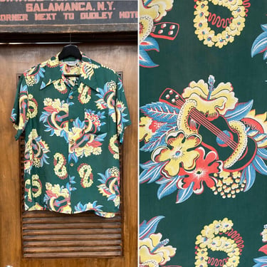 Vintage 1940’s Ukelele “McIntosh Design” Silky Rayon Tiki Hawaiian Shirt, Loop Collar, Original, 40’s Vintage Clothing 