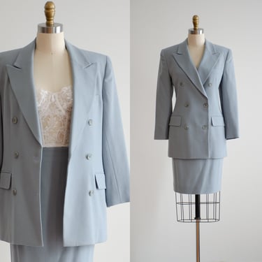 blue wool suit 90s vintage Jones New York pastel light blue mini skirt suit 