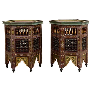 Pair of Moorish Middle Eastern Hexagonal Polychrome Drink Tables