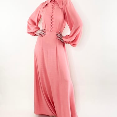 Vintage Ossie Clark 1970's Salmon Pink Crepe Maxi Dress 