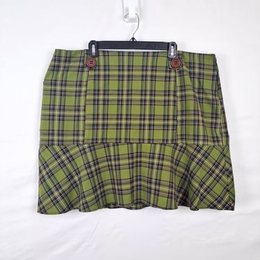 Vintage 2000s Y2K Green Plaid Mini Skirt, Plus Size 