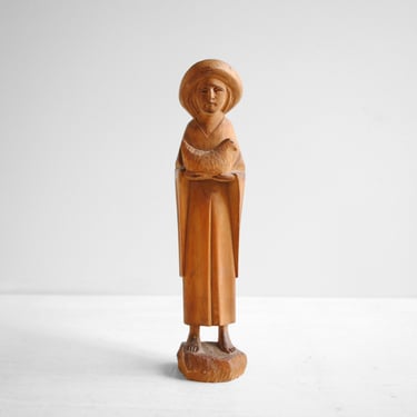 Vintage Hand Carved Wood Statue of a Man Holding a Bird 