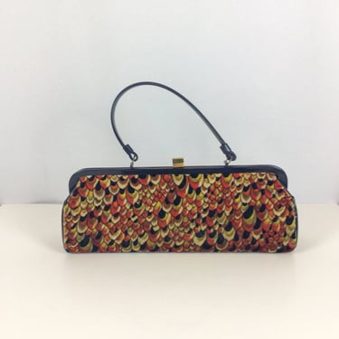 Vintage 60s purse | Vintage orange feather print velvet bag | 1960s top handle handbag 