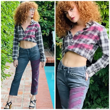 70s 80s Upcycled Flannel Plaid Shirt Blouse Cropped Graffiti S M 