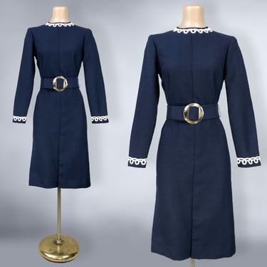VINTAGE 60s 70s Belted MOD Navy Blue Dress by Joan Curtis | 1960s 1970s Crochet Trim Wide Belted Dress | VFG 