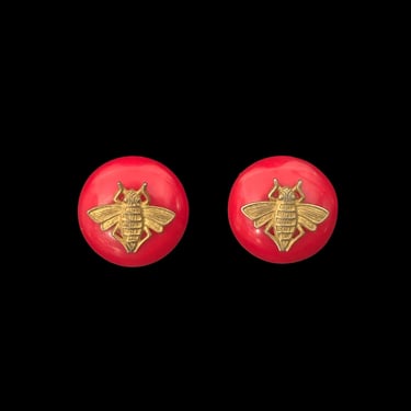 2000s Red Plastic and Brass Bee Stud Earrings | Y2k Millennial Vintage Round Red and Gold Tone Pierced Insect Earrings 