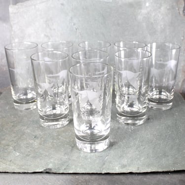 Set of 9 Mid-Century Tom Collins Glasses | Etched Geese in Flight | Mid-Century circa 1960s | 8 Oz Glasses | Bixley Shop 