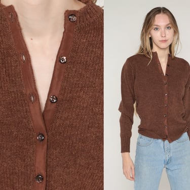 Brown Wool Cardigan 80s Button up Knit Sweater Retro Grandpa Cardigan Plain Simple Netural Basic Fall Knitwear Vintage 1980s Extra Small xs 
