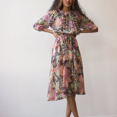 1970s Voile Floral Peasant Dress 