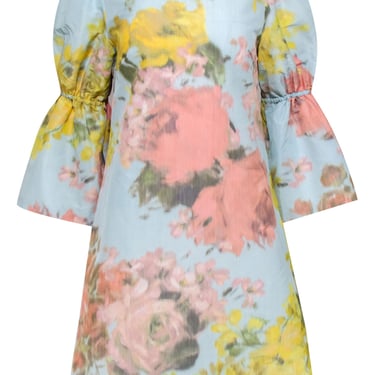 Lela Rose - Pastel Blue, Pink &amp; Yellow Watercolor Floral Bell Sleeve Shift Dress Sz 6