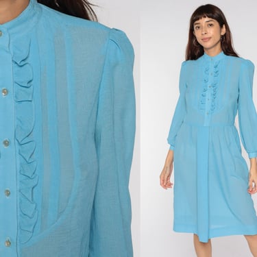 70s Tuxedo Dress Blue Midi Semi-Sheer Boho Button Up Dress High Waisted Shirtdress Ruffle Vintage Long Sleeve Secretary Bohemian Small 6 