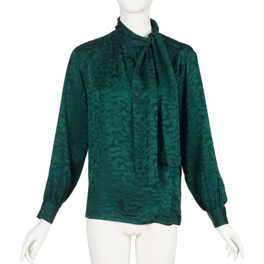 Yves Saint Laurent 1980s Green Silk Jacquard Tie-Neck Blouse 