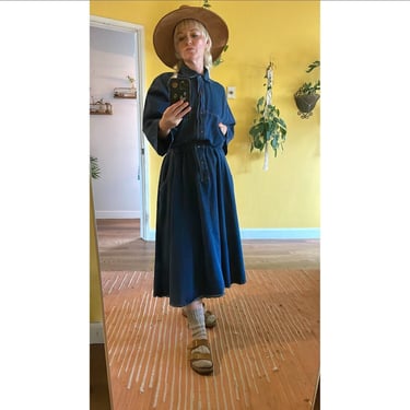 Vintage Denim Dress Long Sleeves Dark Blue Jean Dress Cottagecore Clothes Farmhouse Clothing Medium Large 