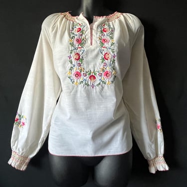 1940s Hungarian embroidered peasant blouse kalocsai boho tunic embroidery large 