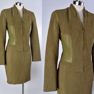 Soft Green ALBERTO MAKALI Skirt Suit LEATHER Trim Designer Vintage Set Jacket & Skirt Dress 1980's, 1990's 