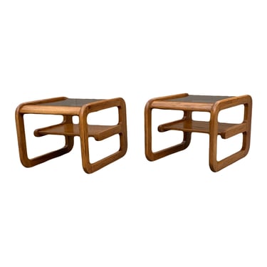 Vintage Lou Hodges Two Tiered Cantilever Tinted Glass Side End Tables 