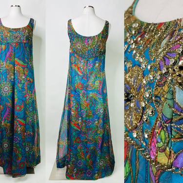 1960s-1970s Psyechedlic Blue Kaleidesceope Paisley Beaded Maxi Dress by Dynasty Medium | Vintage, Groovy, Hostess, Rare, Superb, Resort 