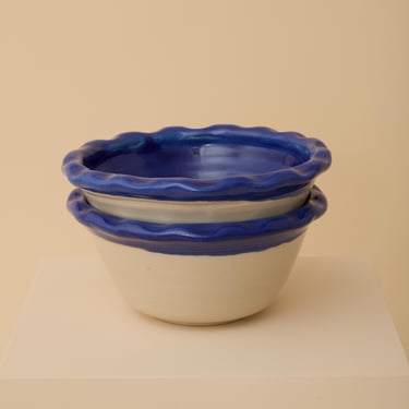 Handmade ceramic cereal bowls with blue dimpled rim - set of two small bowls 