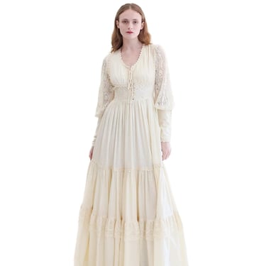 Vintage Gunne Sax White Corset Long Balloon Sleeve Dress with Lace 