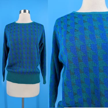 Vintage 80s Blue Green Houndstooth Pullover Sweater - Eighties Small / Medium Knit Top 
