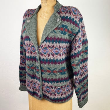 Vintage 1980s Ralph Lauren Fair Isle Knit Cardigan/ 80s Hand Knit Wool Cardigan Jacket Sweater Preppy M/L 