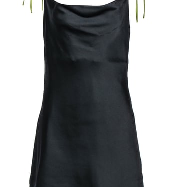 Apparis - Black Sleeveless Satin Slip Dress w/ Green Tie Straps Sz M