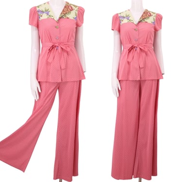 70s does 40s bell bottoms lounge set S / vintage 1970s California Holiday pink 2 pc outfit top & palazzo pants 