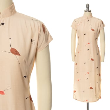 Vintage 1960s Cheongsam Dress | 60s Silk Flamingo Bird Novelty Print Atomic Cream Beige Wiggle Cocktail Summer Day Dress (x-small/small) 