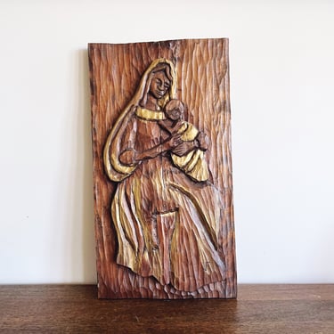 Antique Carved Wood Mother and Child Wall Hanging 