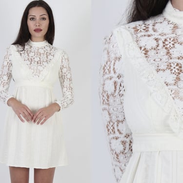 Neat Off White Mini Dress / Vintage 70s Crochet Lace Bib / Plain High Waisted Old Fashion Dress / Sheer Lace Cut Out Sleeves 